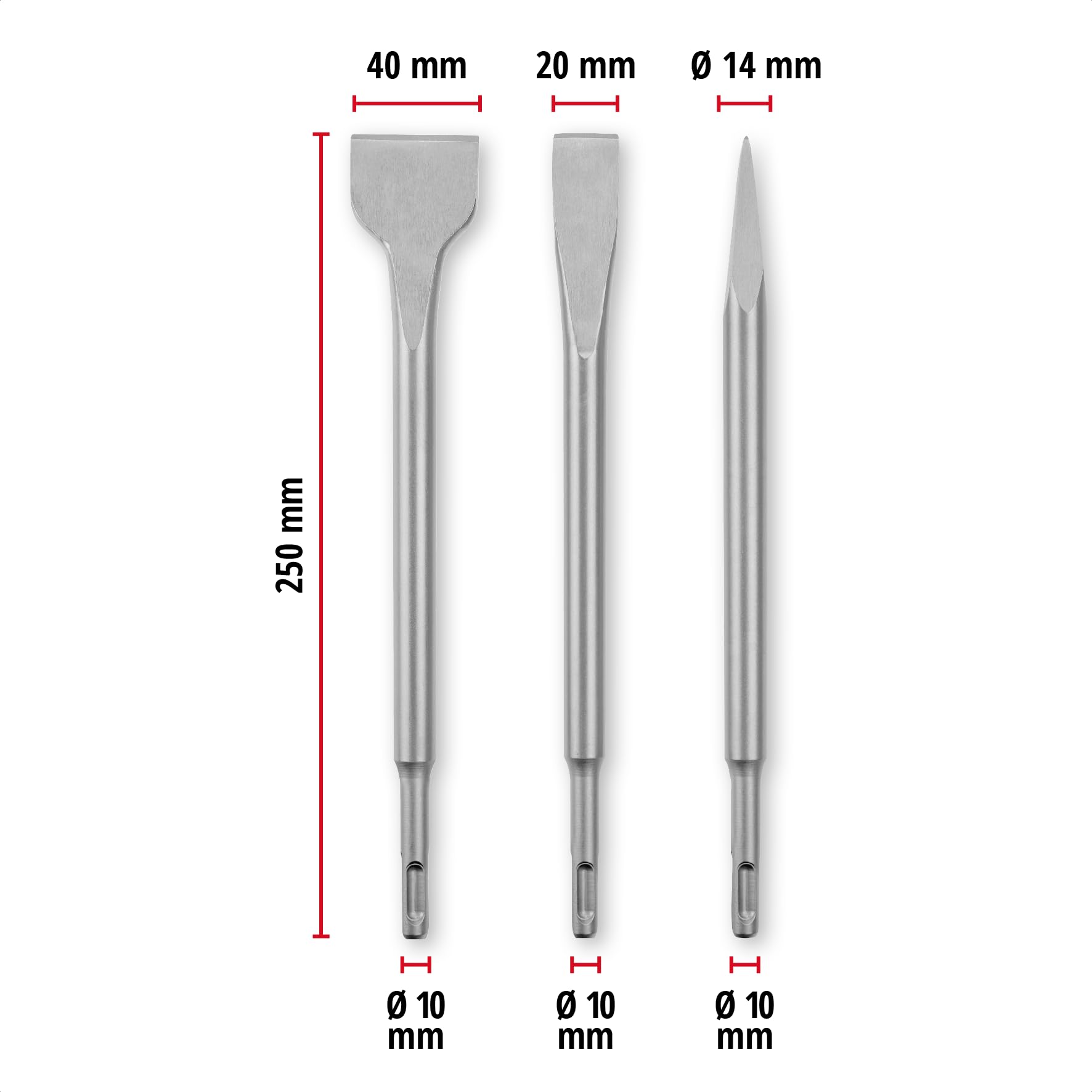 Originele Einhell 3-delige SDS-Plus beitelset, 250 mm (met puntbeitel, 20 mm brede platte beitel en 40 mm brede spadbeitel van duurzaam 40Cr staal voor sloop- en renovatiewerkzaamheden