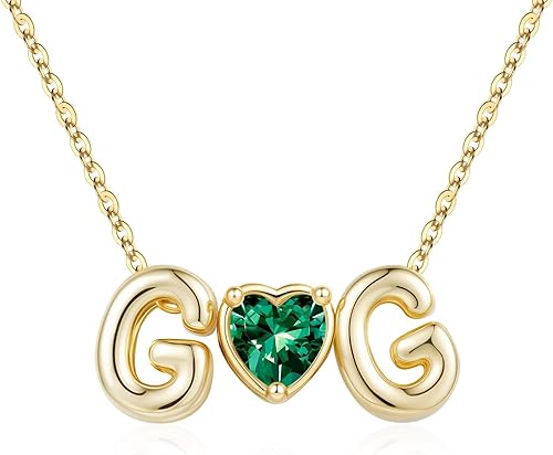 M MOOHAM Double Initial Necklaces for Women - Green May Heart Emerald Birthstone
