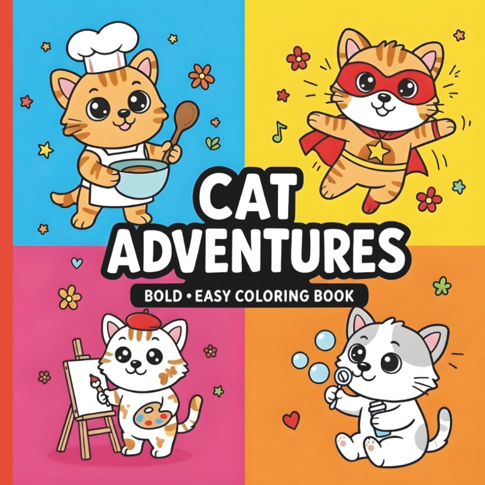 Cat Adventures: Bold & Easy Coloring Book: 40 Cute & Fun Cat Coloring Pages for Kids, Teens & Adults (Cat & Dog Adventures Coloring Book Series)