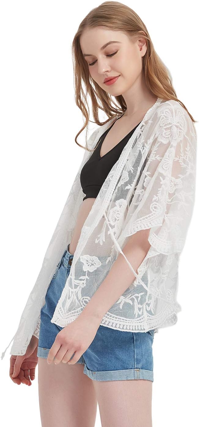 Anna-Kaci Womens Long Embroidered Lace Kimono Cardigan with Half Sleeves - Image 2