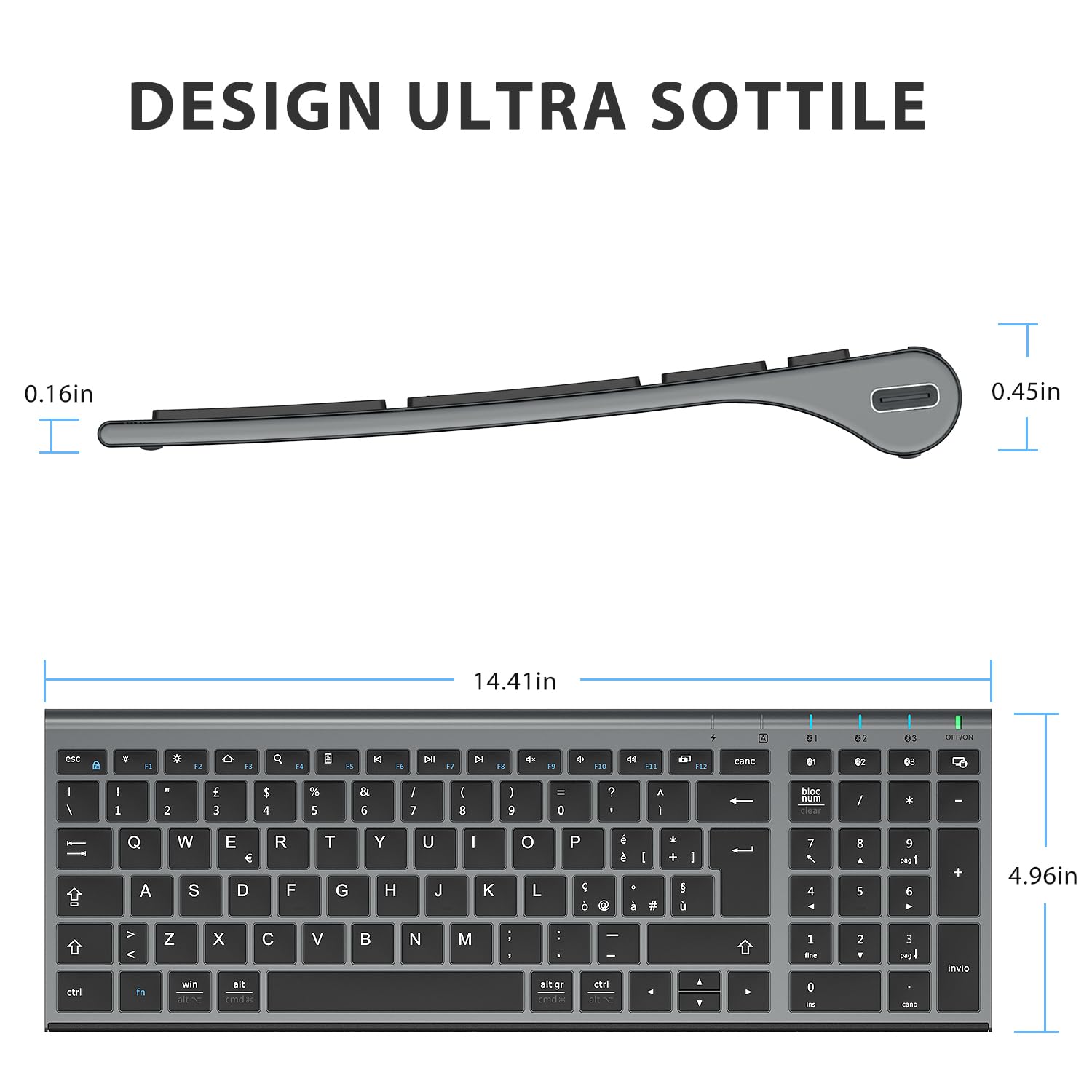 iClever Tastiera Bluetooth 5.1 Multi-Dispositivo Ricaricabile con Tastierino Numerico e Design Ergonomico per Mac OS, Android, Windows