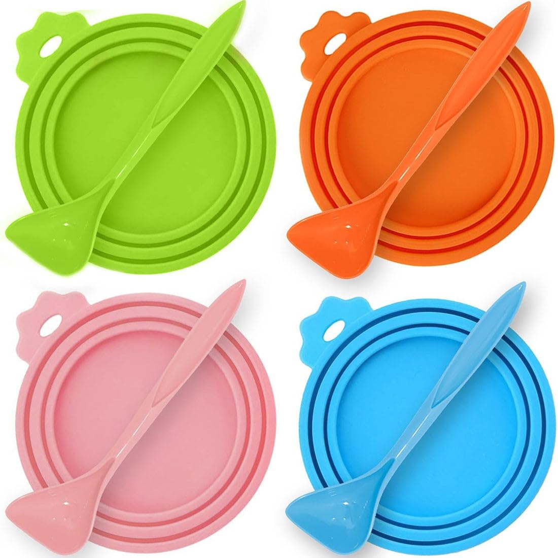 EOUIAV 4 deksels voor blikjes met 4 lepels, universeel deksel van siliconen, deksel voor diervoeding, voor blikjes van 65 mm, 75 mm en 85 mm
