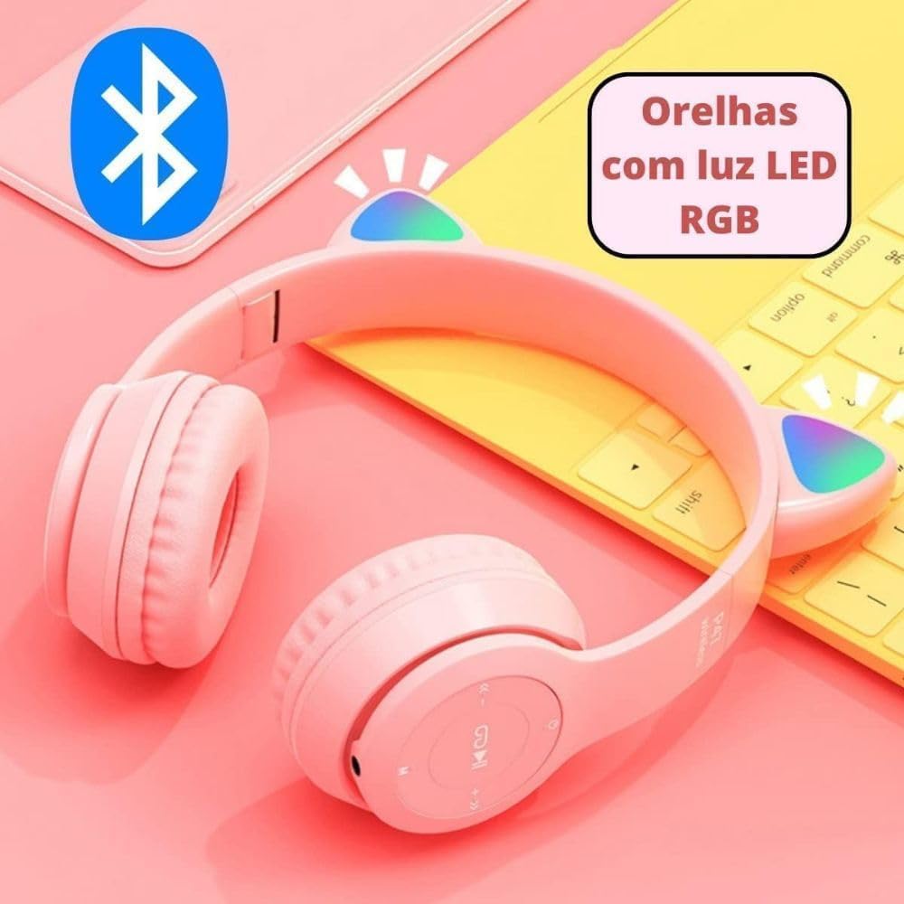 Headset Orelhas de Gatinho Bluetooth 5.0 com LED – Dobrável, Confortável e Som Premium (ROSA)