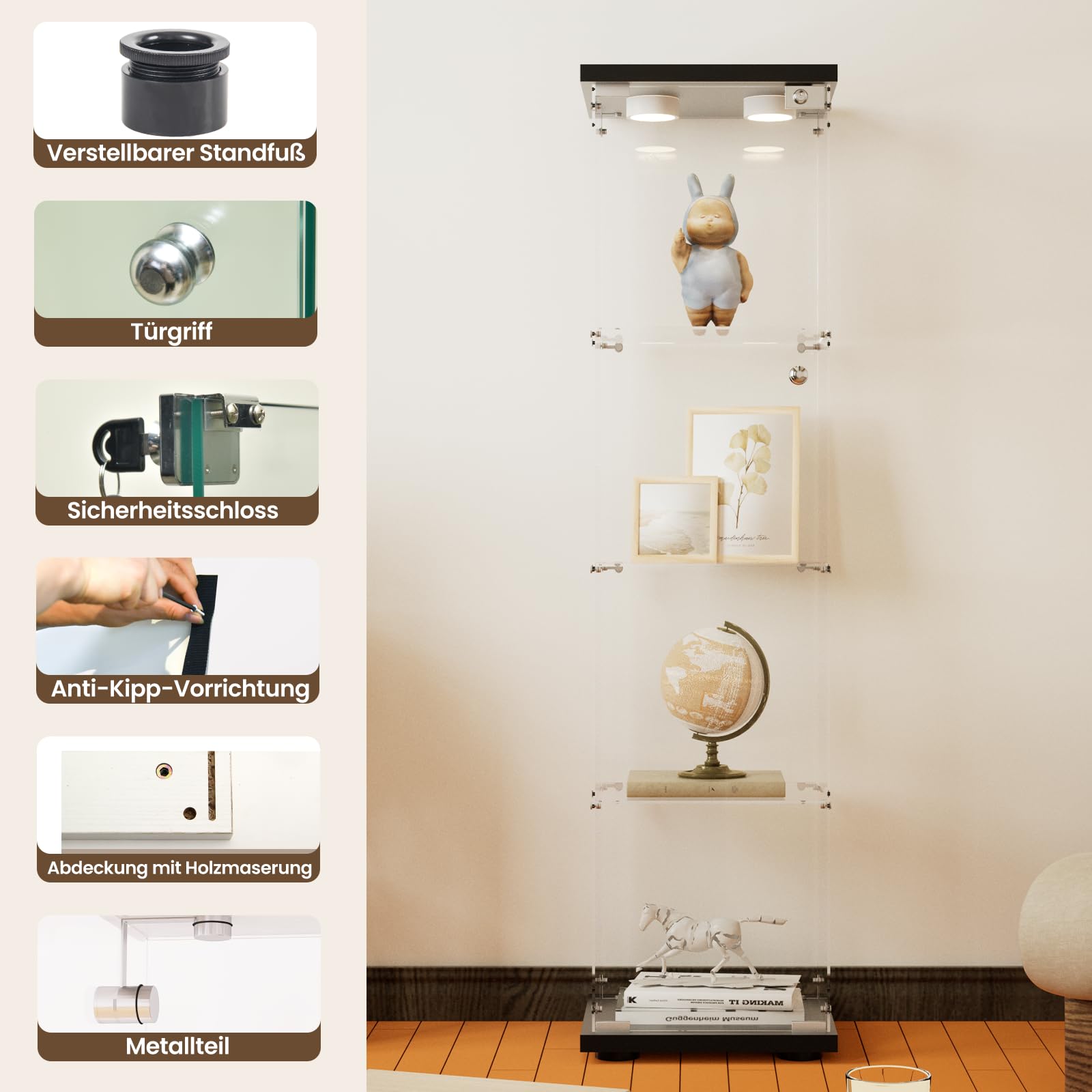 Glasvitrine Standvitrine mit LED in Schwarz, 164x42.5x36.5CM Modern Glas Vitrine Weißes Holzbrett mit 4 Böden aus ESG für Sammlerstücke Bücher Wein