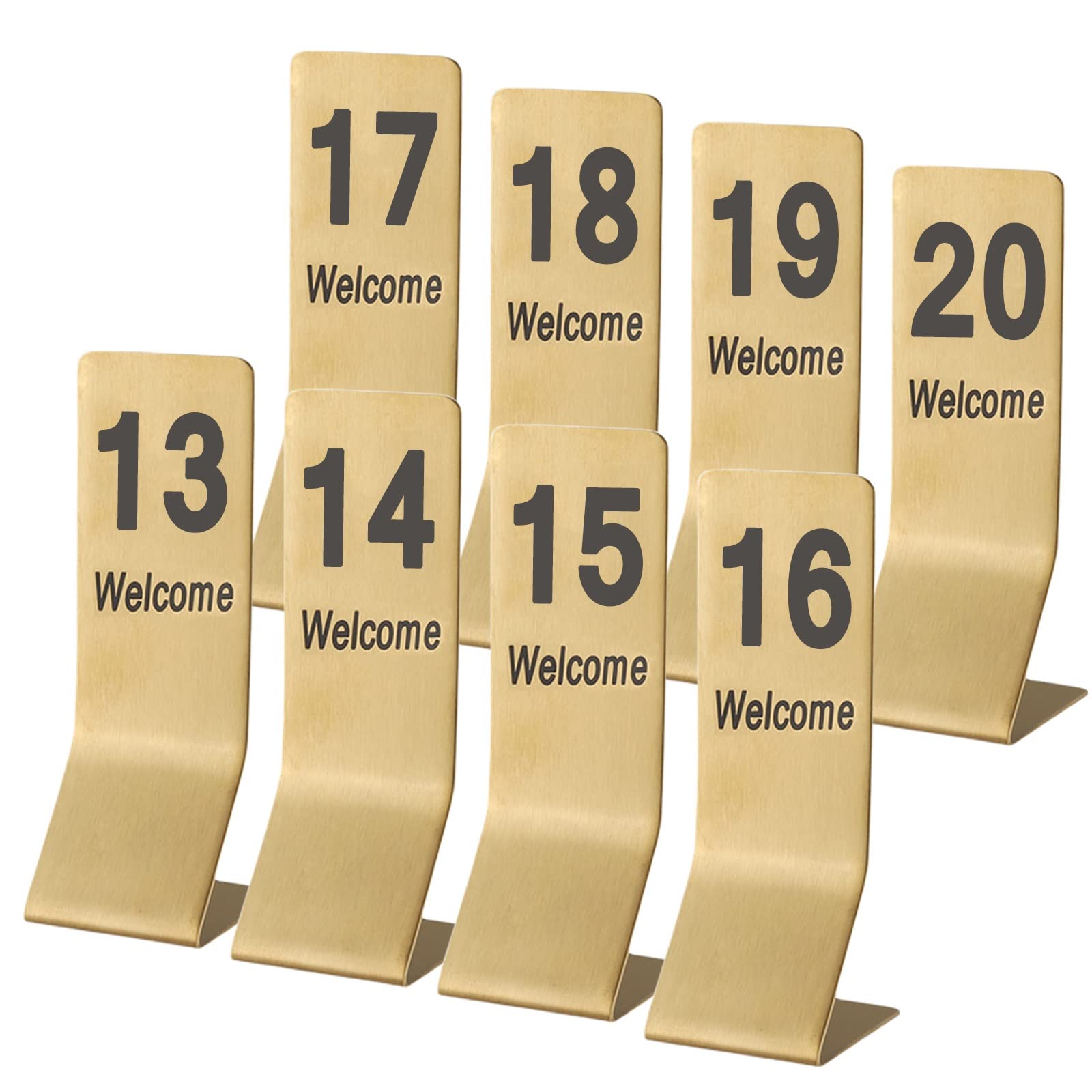 MYUYEE 1-10/20 Table Numbers For Restaurants, Place Cards Standing, Double-Sided Tabletop Number Sign 14.5X5X5Cm, Metal Number Tags Stainless Steel, Thick And Durable (Gold-45667)