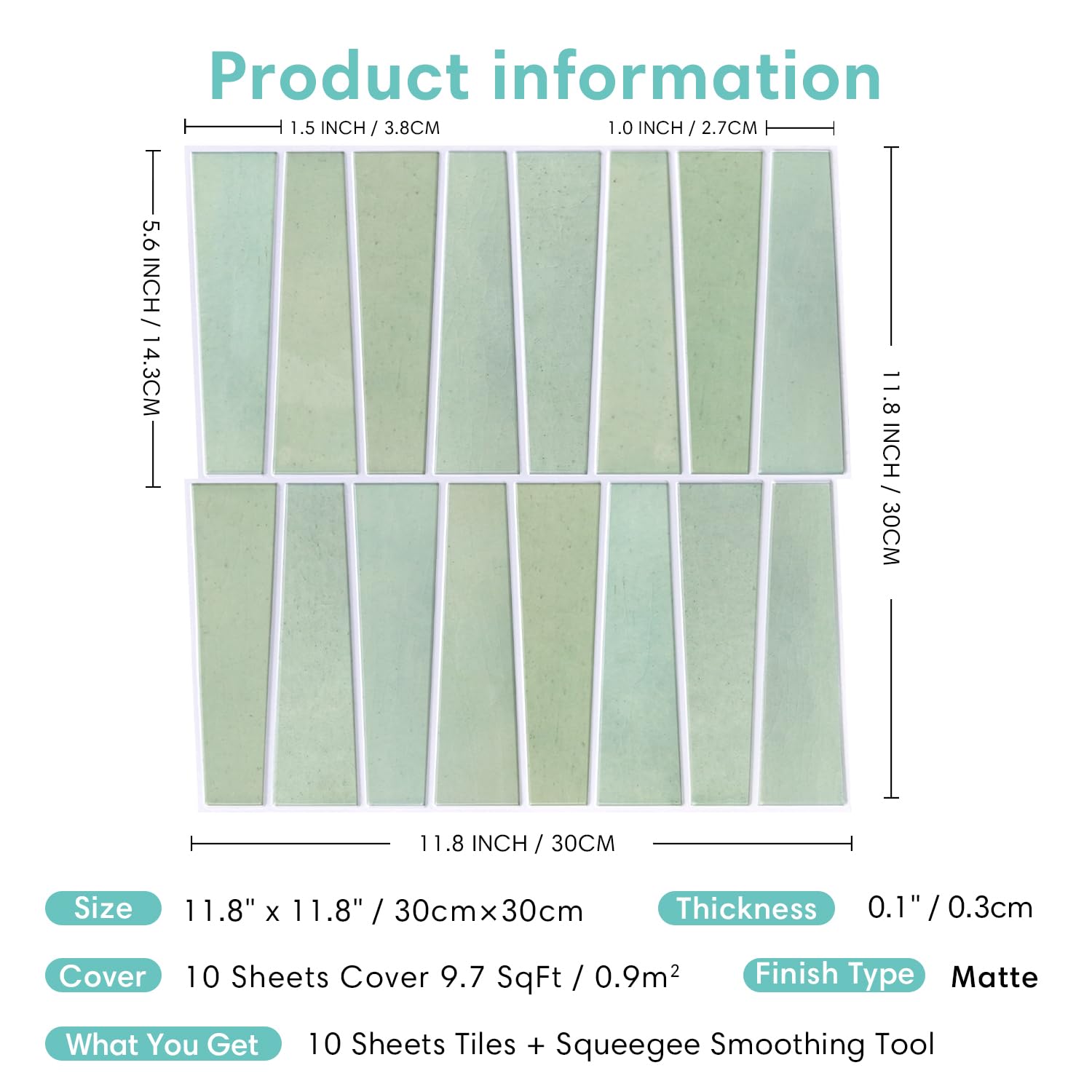 Commomy Azulejos adhesivos 3D verde claro, 10 unidades, 30 cm x 30 cm, mate