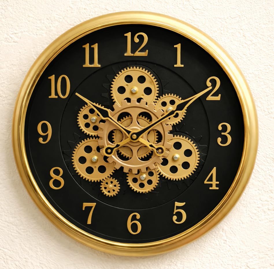 Image of Rotating Moving Gears Wall Clock 35CMS Industrial Steampunk Real Moving Gear Designer Wall Clock for Living Room Home Decor Office Wooden Look Plastic Round 14 Inch (Gold Foiling)