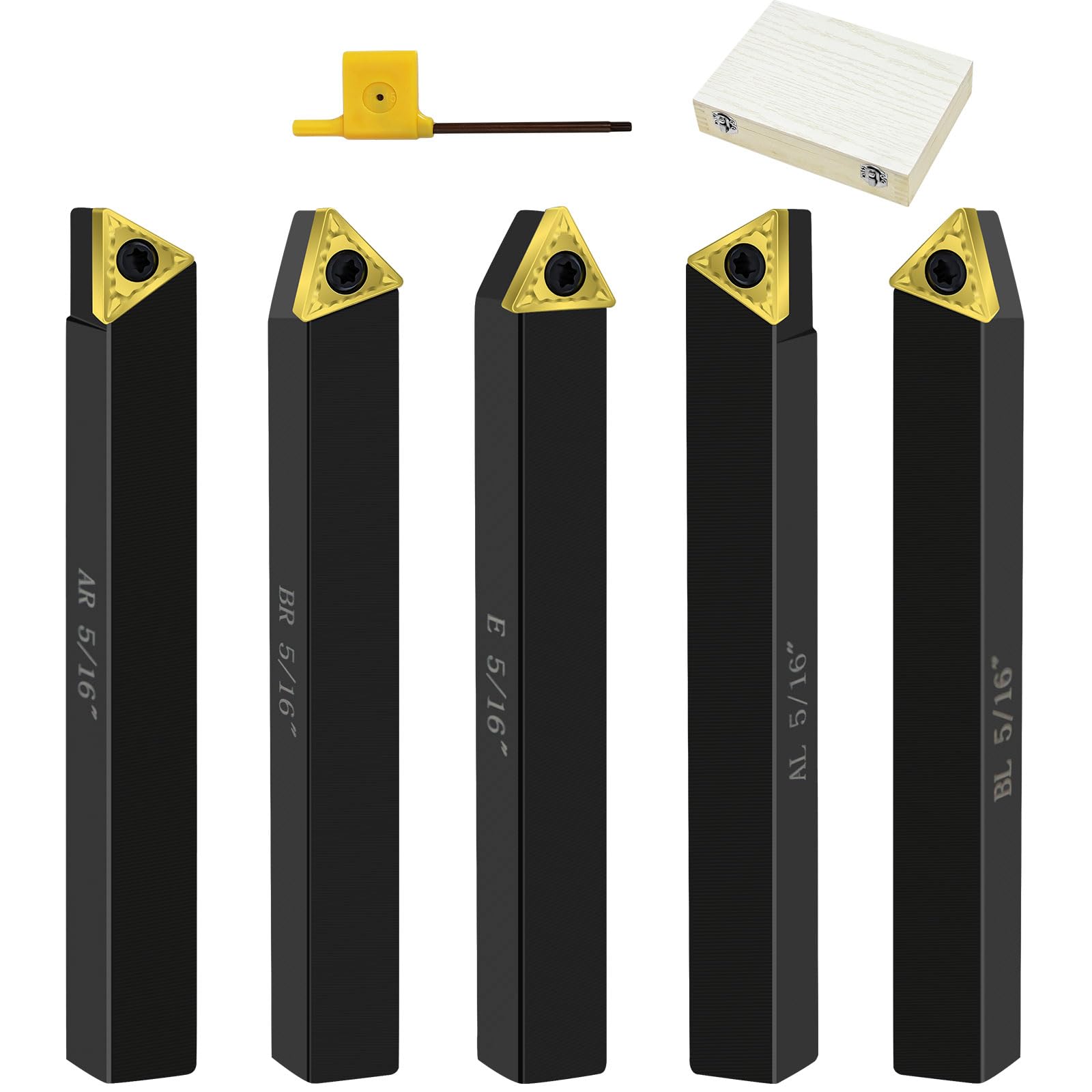 Metal Lathe Cutting Tools,5pcs 5/16'' Shank Carbide Metal Cutting Tool Bits Kit,Indexable Lathe Turning Tool with Tin Coated Carbide Inserts,Carbide