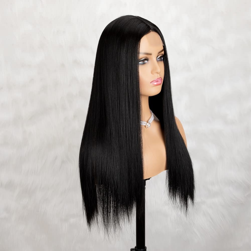 BYRON Long Straight Wigs Middle Parting Lace Front Wig for Women Silky Soft Smooth Remy Hair Heat Resistant Fiber Synthetic Wig Fashion Natural Looking Full Wig Realistic Everyday Wig 1B 24 Inch