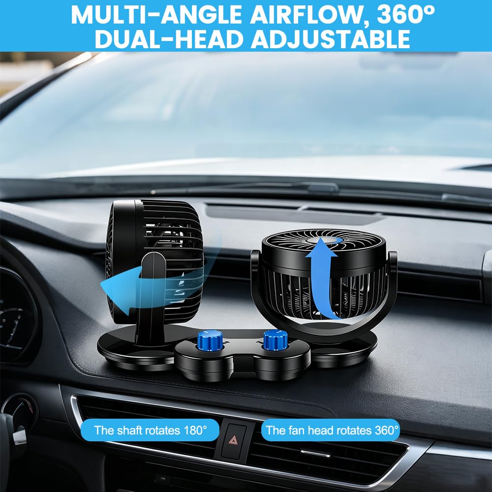 Ventilatore per auto, 12 V, doppia testa, portatile, rotazione a 360 gradi, silenzioso, a 2 velocità, per SUV, camper, barca, camper, ATV