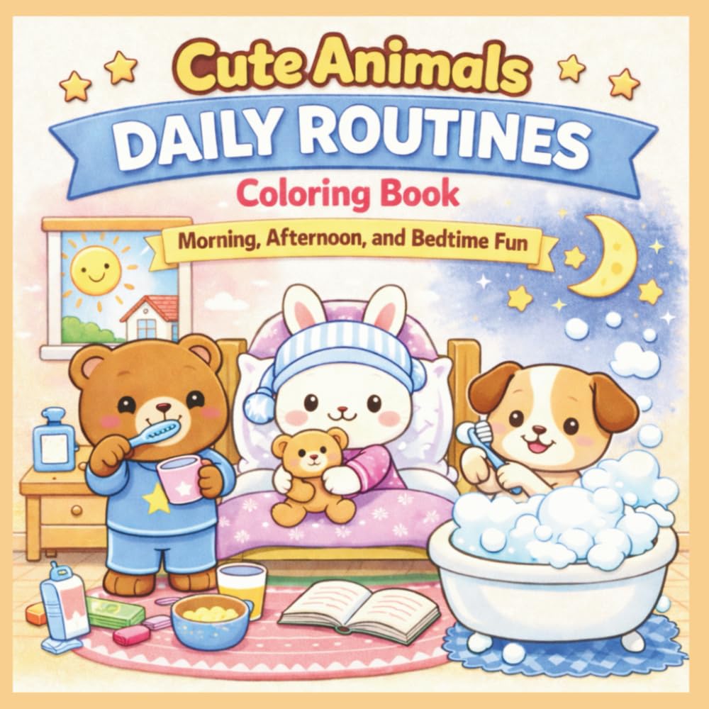 Cute Animals Daily Routines Coloring Book: Morning, Afternoon, and Bedtime Fun