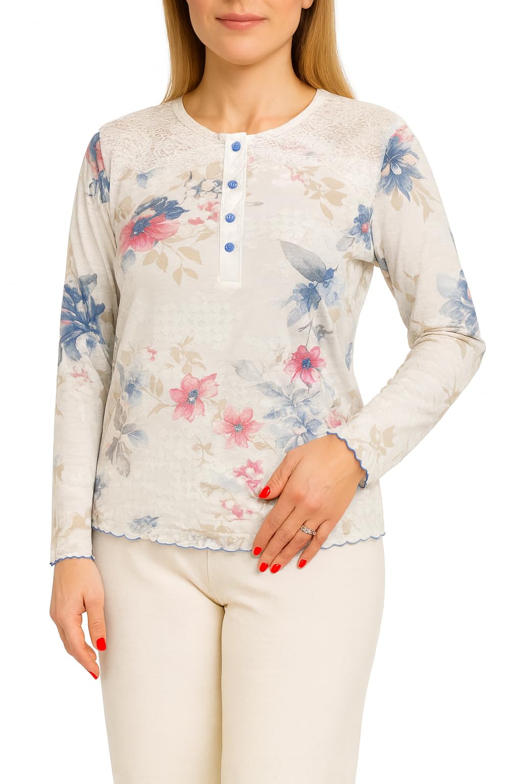Leedya Pijama de mujer de invierno 100% algodón – Modal – Conjunto largo de manga larga con botones o puños – Varios colores de flores – Suave y cómodo para la noche