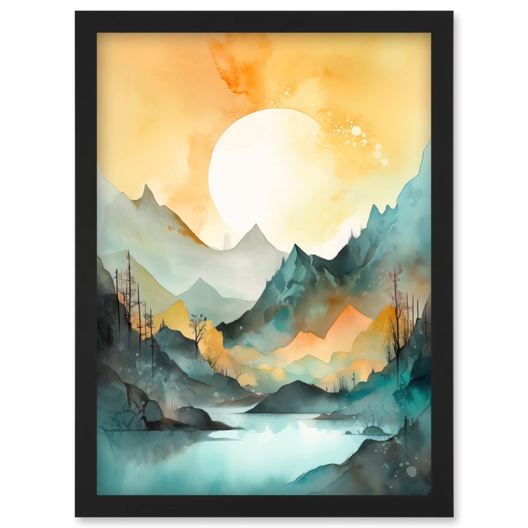 A4 Watercolour Painting Artwork - Sun Rising Over Mountain Lakeside Landscape - Pastel Teal and Orange - Framed Wall Art Print - Artery8