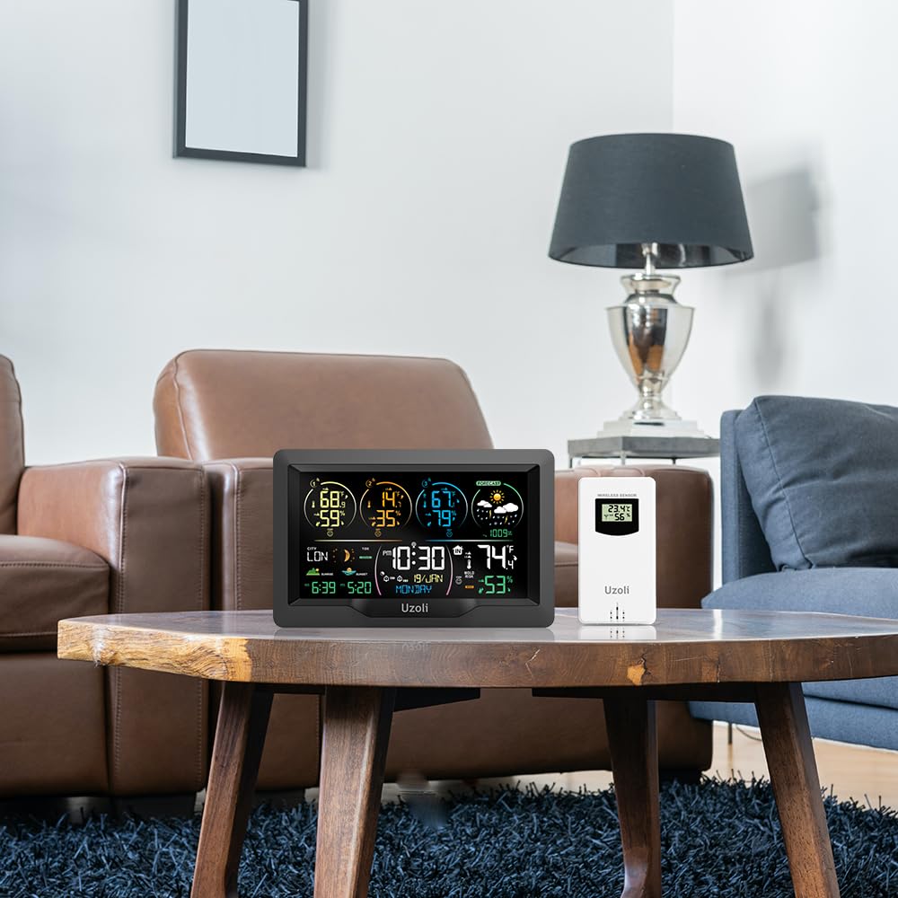 Uzoli EM3390 Station météo sans fil avec 3 capteurs, Horloge DCF | Thermomètre-hygromètre, Écran couleur, Prévision météo, Pression, Lever du soleil, Phase lunaire, Alerte risque de moisissure