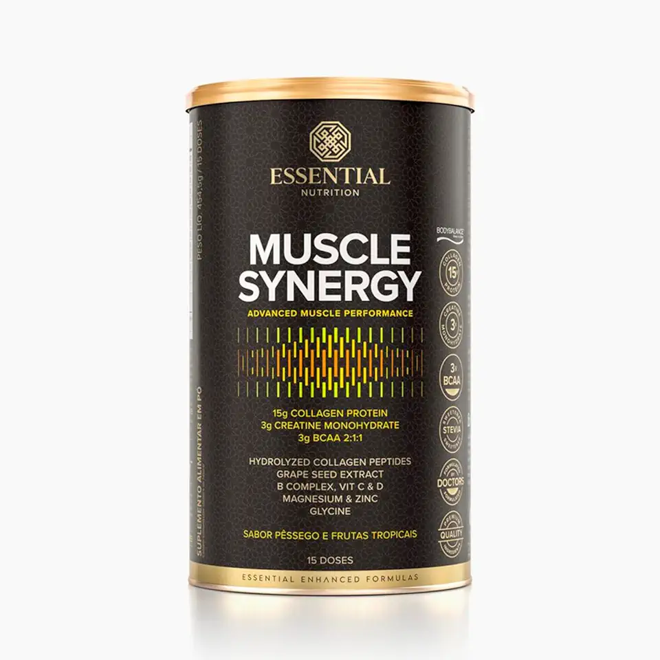Muscle Synergy - Colágeno + Creatina + BCAA - Sabor Pêssego e Frutas Tropicais (454,5g) - Essential Nutrition