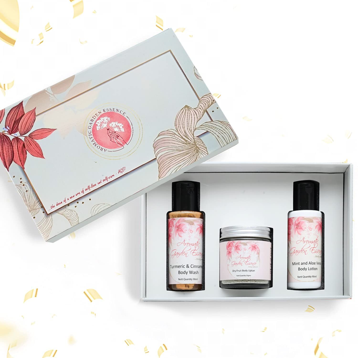 Skincare Gift Set for Women and Men - Turmeric & Cinnamon Body Wash, Mint and Aloe Vera Body Lotion, and Dry Fruit Body Uptan Hamper Box - Unisex Pamper Sesh for All Occasions - Pack of 3-image-22