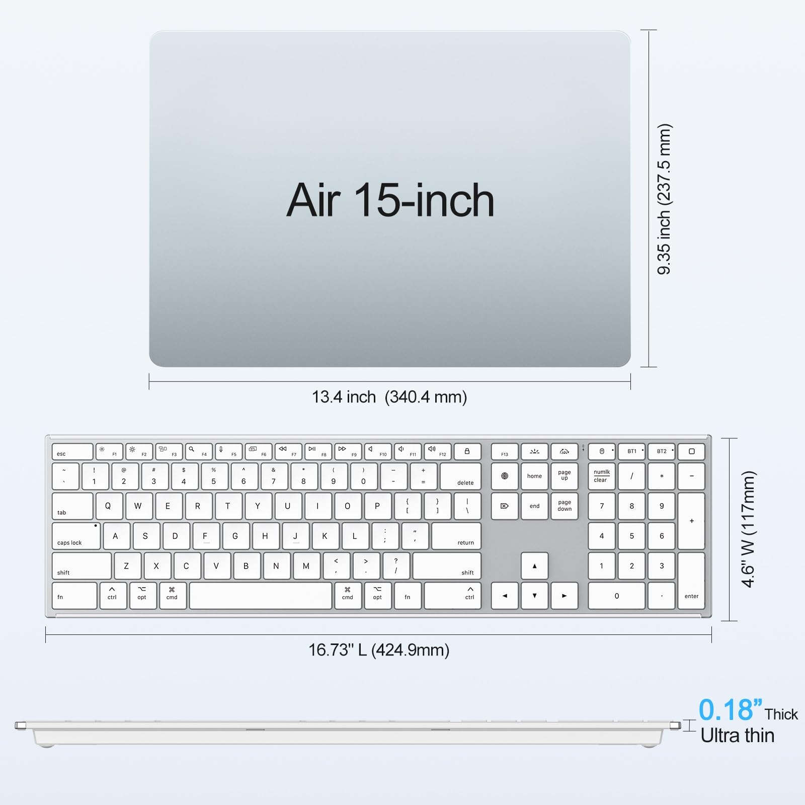 OMOTON Wireless Keyboard for Mac, Dual Bluetooth ＆ 2.4G Triple-Channel Connection, Full Size Premium Metal Frame, Ultra Slim Rechargeable Quiet Keyboard for Mac/MacBook/iMac, Non-Backlit Silver - 5