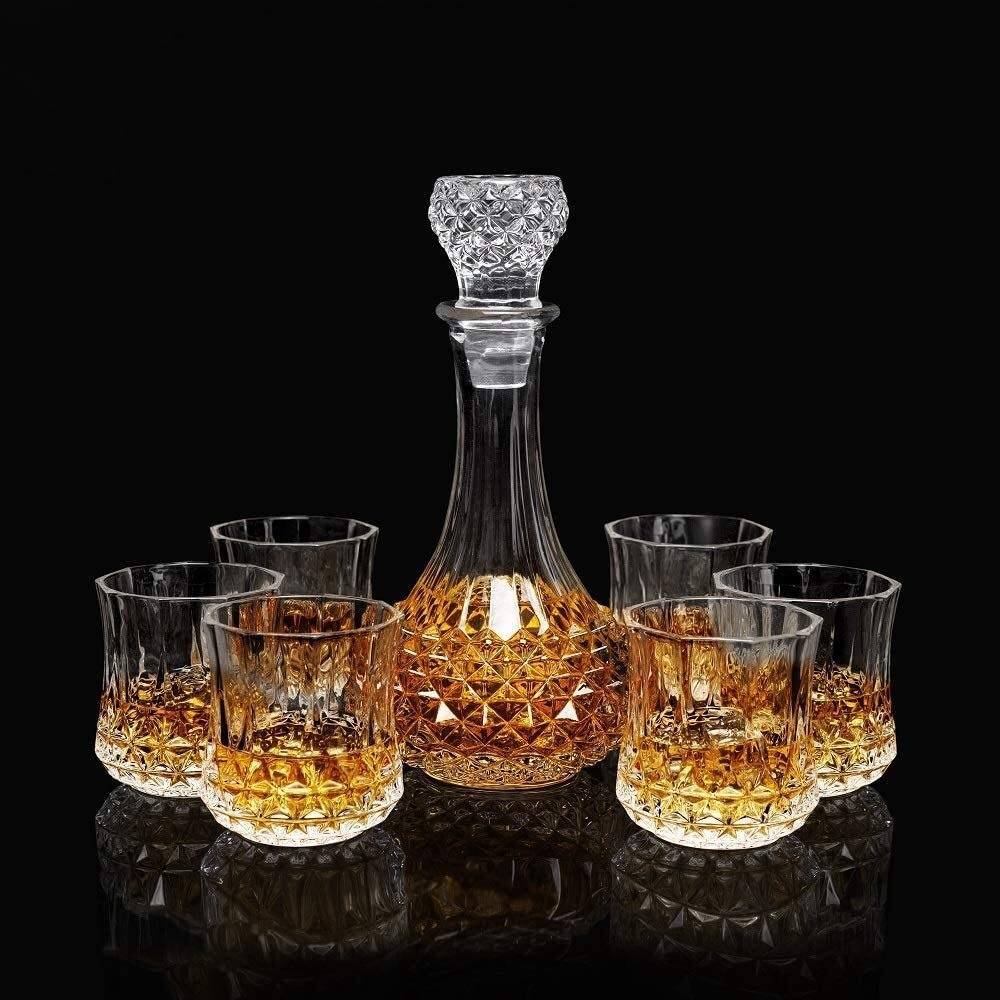 Karafka do whisky Zestaw karafek i szklanek do whisky, 600 ml Kryształowa karafka do whisky z 6 szklankami do whisky 300 ml, do wódki Whisky Liqueur, 7-częściowa karafka