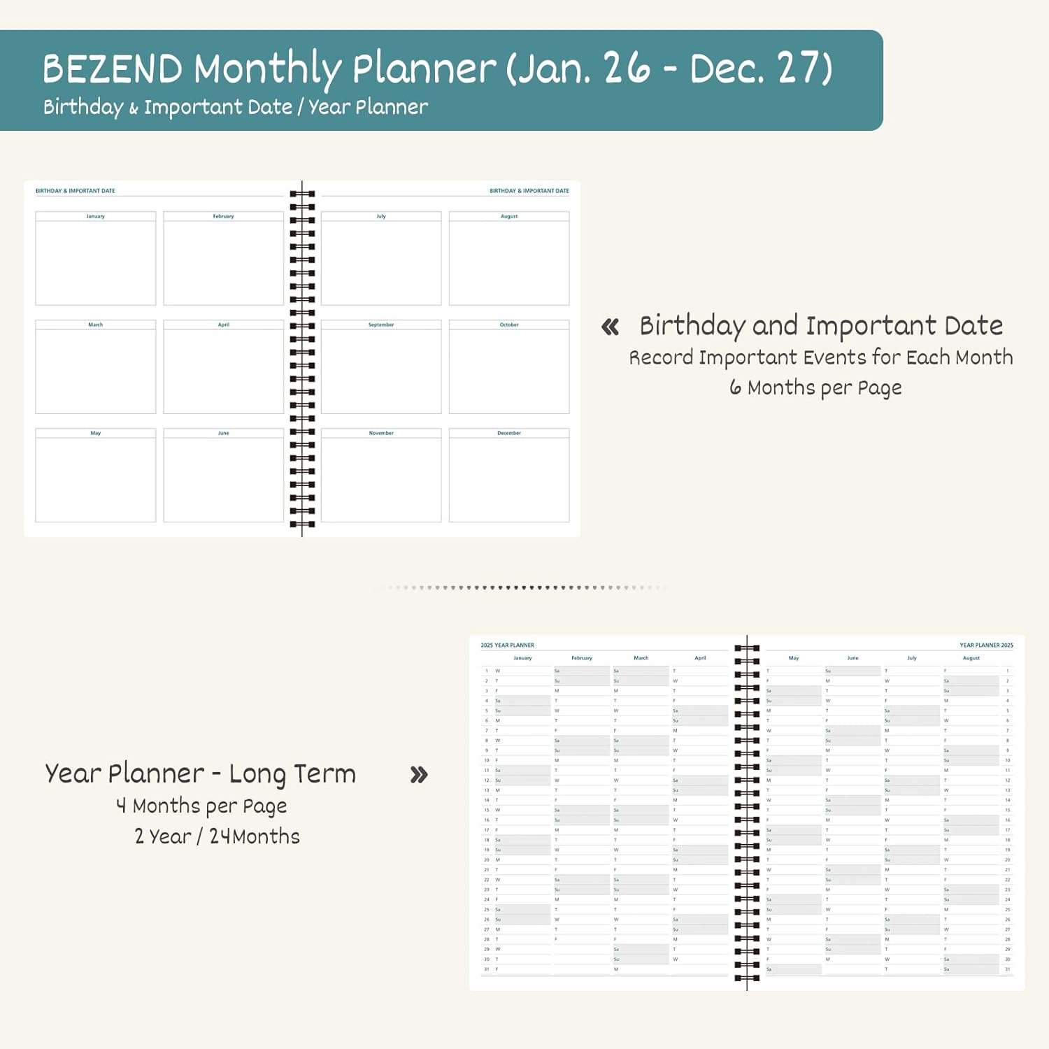 BEZEND Monthly Planner 2026-2027 (Spiral-8.5" x 11") 2 Year Calendar Book with Note Pages - Jan 26 to Dec 27-120 GSM Paper, Inner Pockets, Laminated Tabs, Vegan Leather Softcover - Sky Blue - Image 4