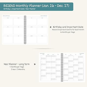 BEZEND Monthly Planner 2026-2027 (Spiral-7 x 9) 2 Year Calendar Book with Note Pages - Jan 26 to Dec 27-120 GSM Paper, Inner Pockets, Laminated Tabs, Vegan Leather Softcover - Black