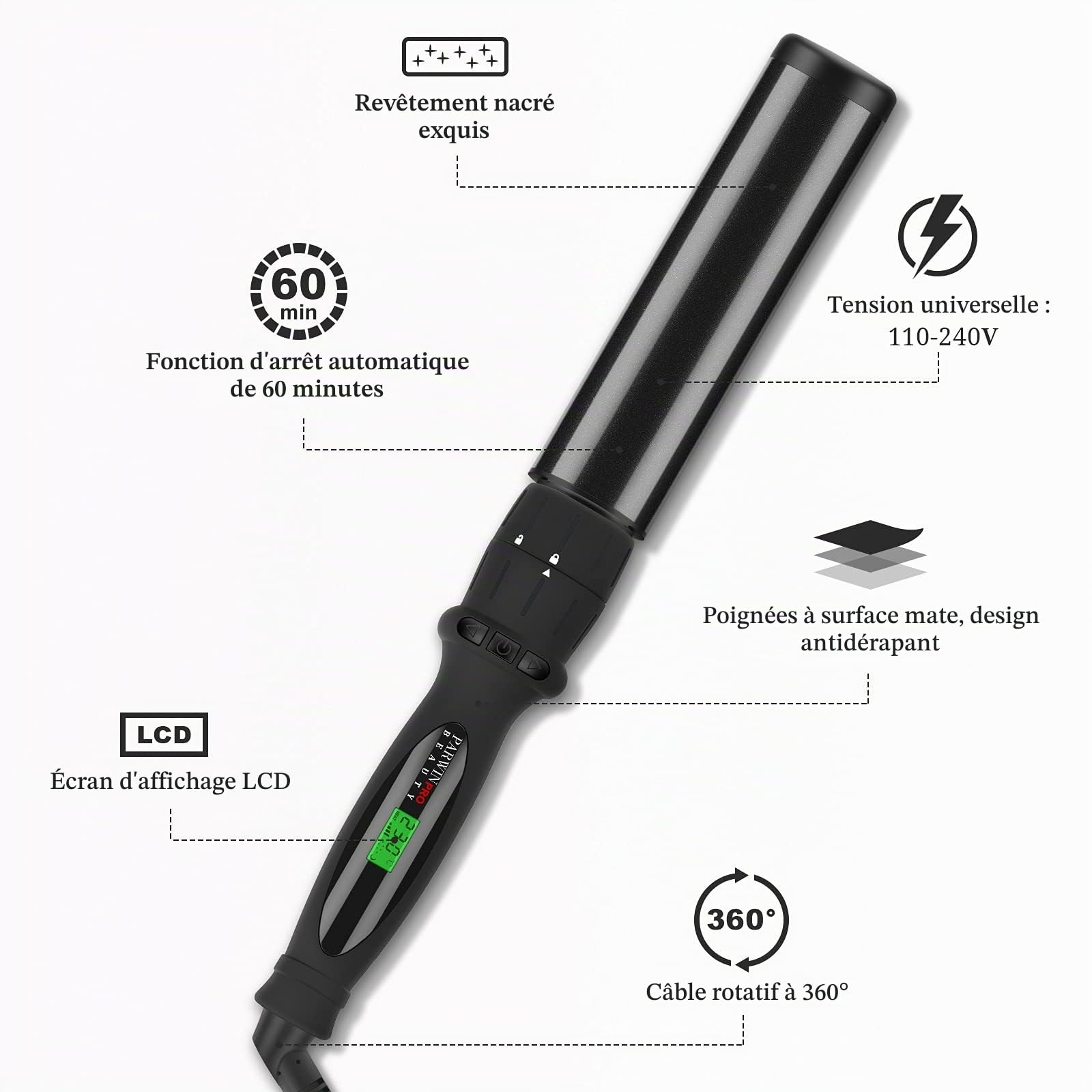 Fer a Boucler 7 En 1, Parwin Pro Beauty Boucleur a Cheveux, Professionnel Appareils Et Outils De Coiffure, Fer a Friser en Céramique avec 7 Baguettes Chauffantes, 100-230℃, Écran LCD