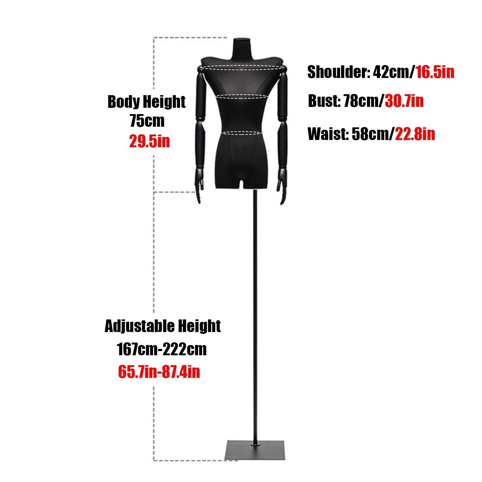Manichino Sartoriale Busto Donna, Disegno della Spalla Deformata Tailors Dummy Torso Appendiabiti con Bracci in Legno Faggio, Altezza Regolabile 65,7-87,4 Pollici(Silver,B)