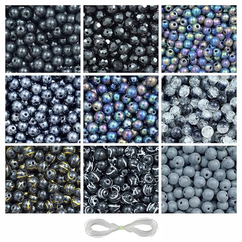 Image of 290 Pcs Black Glass Beads for Jewellery Making Kit - Glass Beads for Bracelet Making Kit - Bead Craft - 8mm