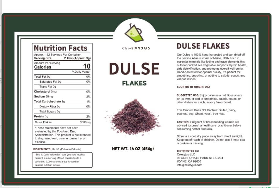Celeryjus Dulse Flakes, 16 oz, Hand-Harvested Atlantic Sea Vegetable, Gluten-Free