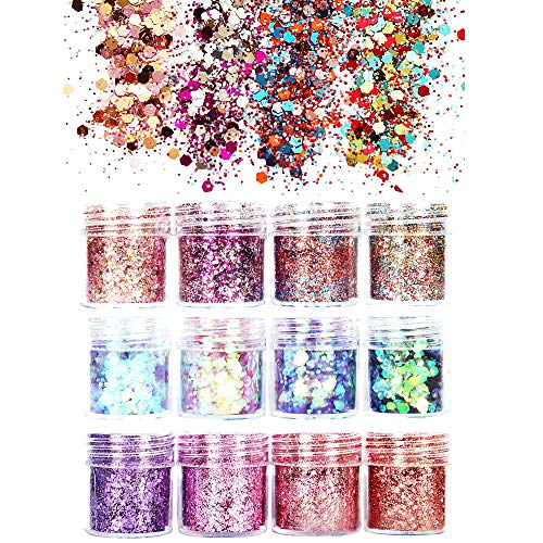 JUN-H 12 Arten Chunky Glitter Nagel Sequin Glitter für Gesicht Nägel Augen Lippen Haare Körper Make Up Glitter Sequin…