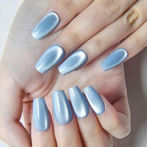 evpct Light Blue Cat Eye Coffin Press on Nails Square