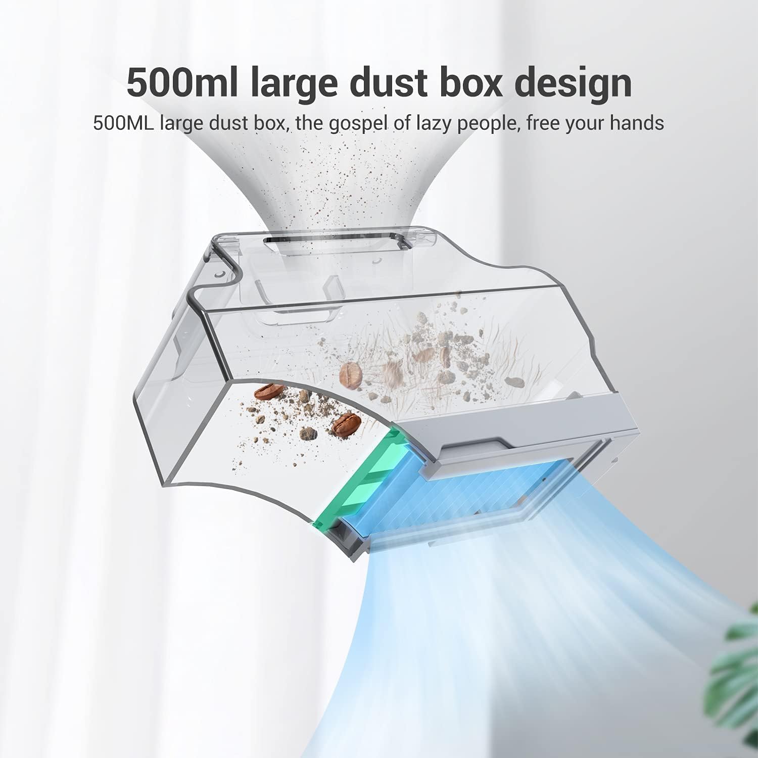 Illustration of the LEFANT M213 robot vacuum's 500ml dust box being emptied