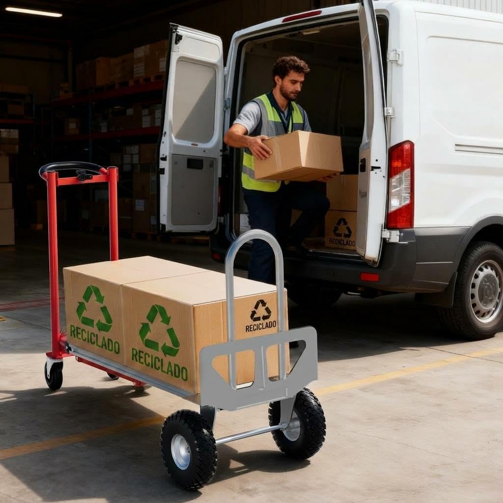 Carretilla Plegable de Aluminio, Carga Máxima 350 kg, Carrito de Ttransporte con Ruedas Macizas Grandes, Carrito Manual para Hogar, Jardín, Almacén y Granja, Rojo
