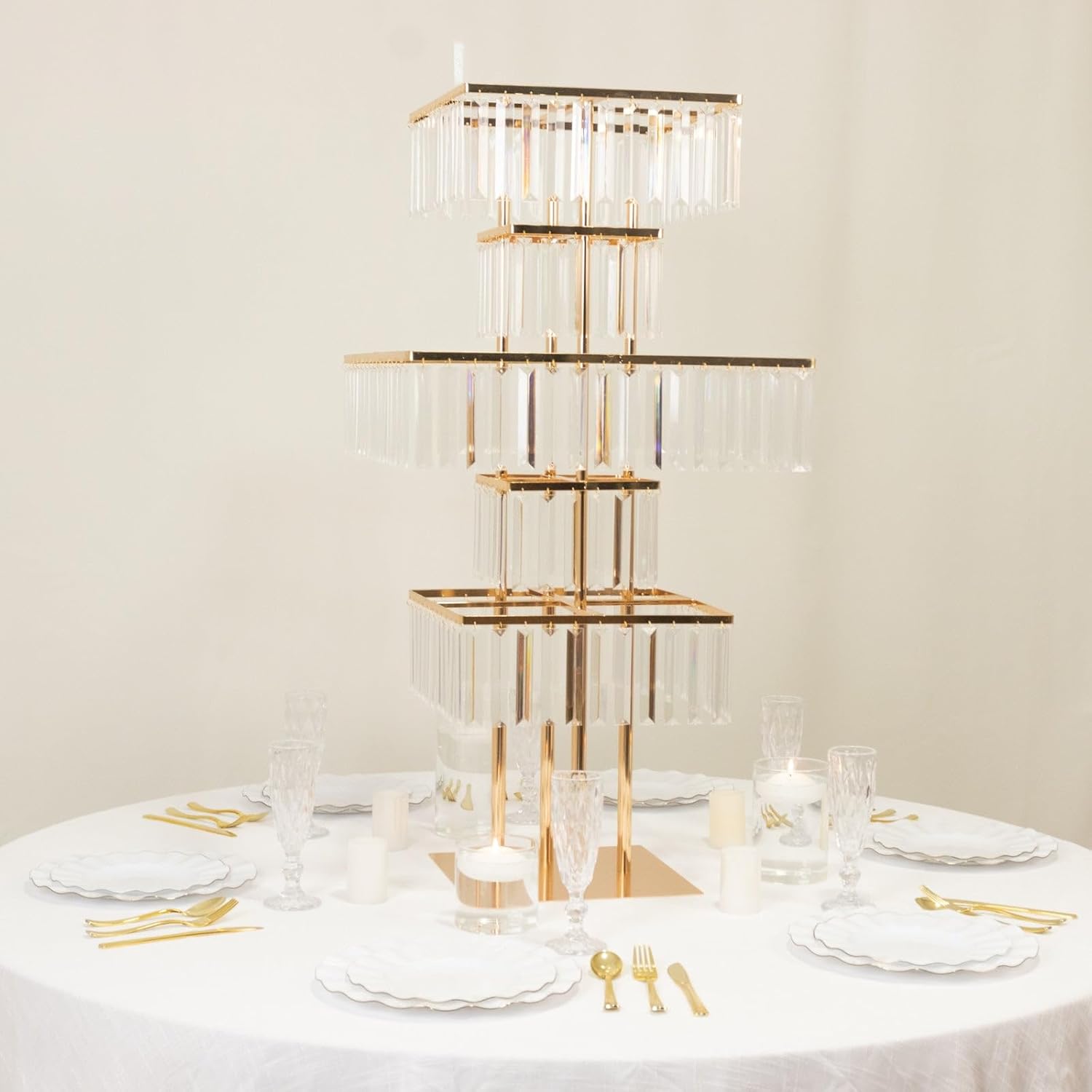 Efavormart Crystal Pendant 5-Tier Table Centerpiece Chandelier in Gold, 40" Flower Stand Metal Vase Square Pedestal with Hanging Crystals