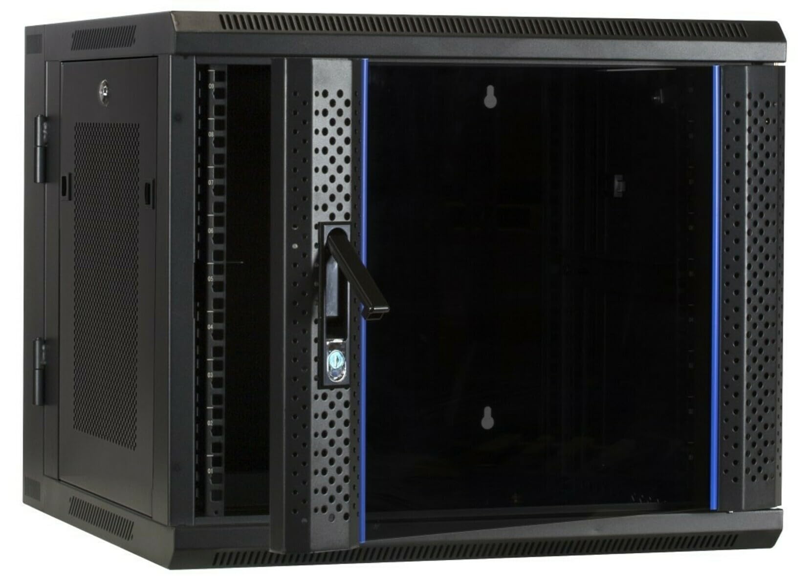 9HE Netzwerkschrank (Serverschrank) 19 Zoll wendbares Wandgehäuse Glastür und perforierten Seitenwänden - (BxTxH) 600x600x501mm - Schwarz