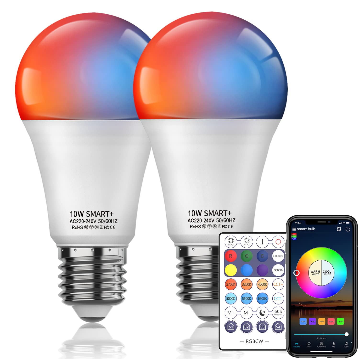 WiFi LED Light Bulbs, RGBCW Multicolor Changing Smart Lights, Compatible with Alexa, Google Assistant and Siri, No Hub Required, Dimmable with APP&Remote, A19 E27, 10W 800 Lumens 2 Pack