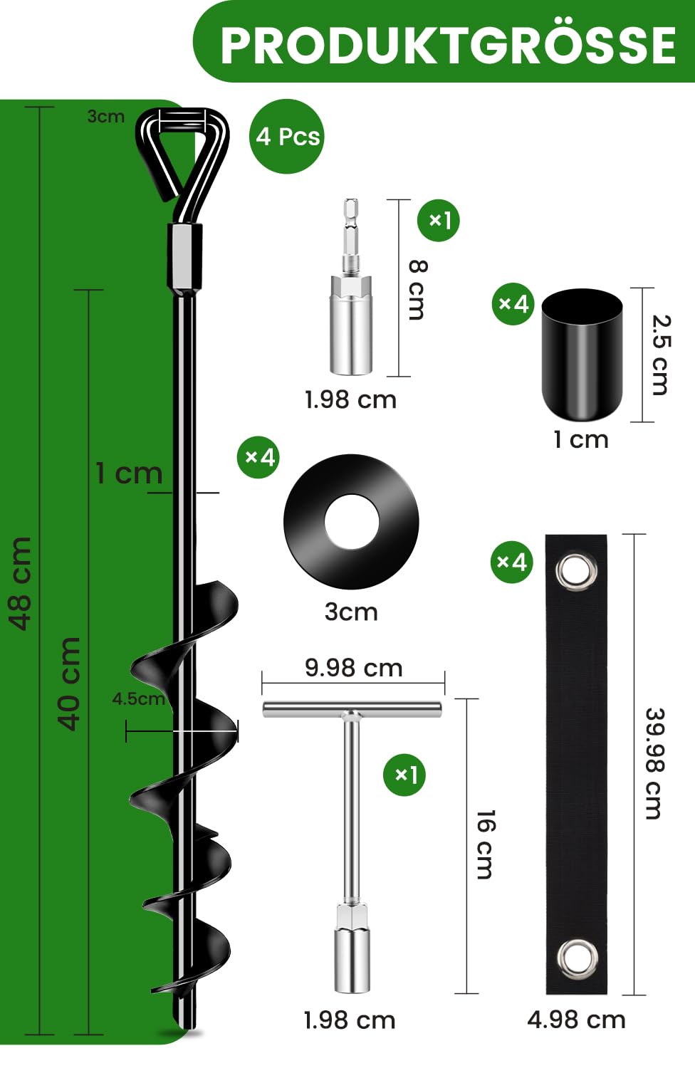 Piquets d'ancrage au sol 48 cm, lot de 4 Piquets d'ancrage Premium Secure version améliorée à visser pour la fixation de tentes, trampolines, chiens, abris, etc., résistent au vent fort