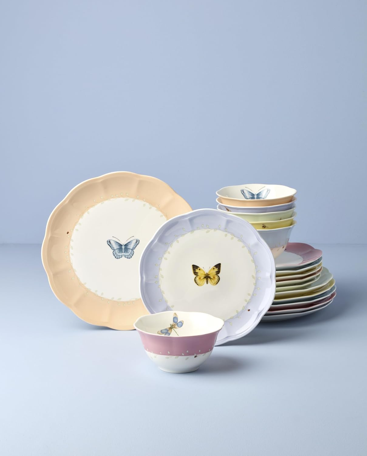 Lenox Dinnerware Set, Butterfly Meadow Colors 18-Piece Set, Service For 6, Porcelain, Dishwasher Safe, Colorful Design, Dinner Plates, Accent Plates, Bowls, Plate & Bowl Sets (18 Pieces, Assorted)