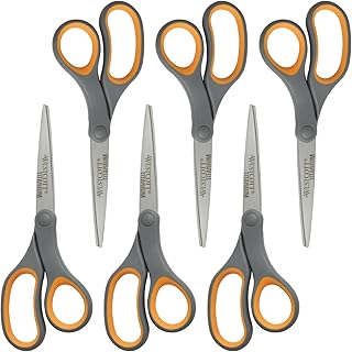 Westcott Titanium Bonded Scissors, Soft Handle, 8", Straight, Gray/Yellow, 6-Pack