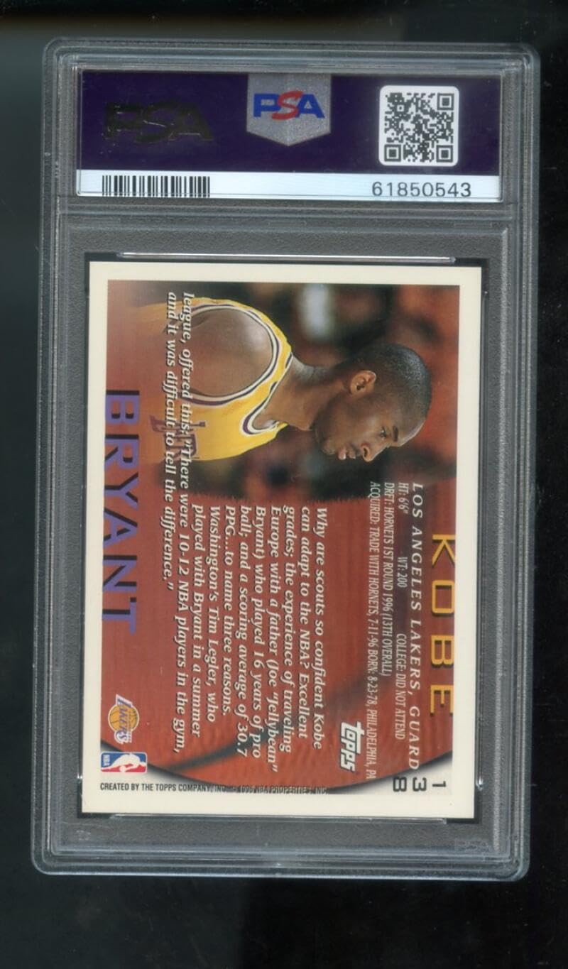 Amazon.com: Kobe Bryant Rookie Card 1996-97 Topps #138 PSA 9