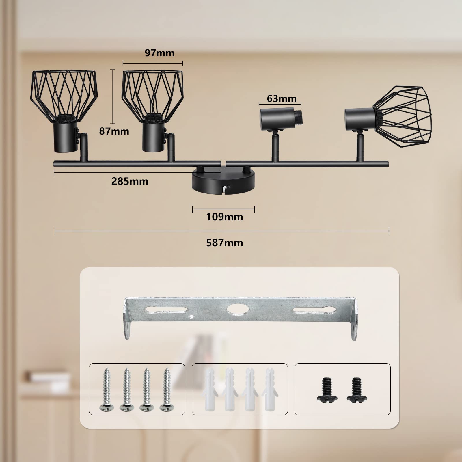 KYOTECH Faretti da soffitto orientabili a 4 luci lampada da soffitto Plafoniera LED Attacco E14,Per 4 lampadine E14 non incluse,Faretti Orientabili Parete Nero per Soggiorno e camera da letto