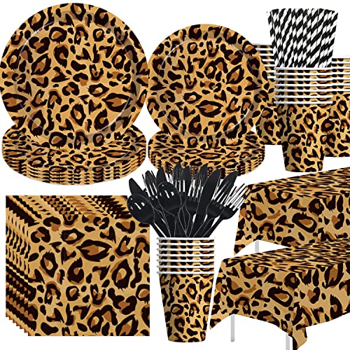 Image of Xenorik Leopard Print Party Supplies - Cheetah Print Party Decorations Tableware, Plate, Cup, Napkin, Tablecloth, Cutlery, Safari Animal Leopard Theme Birthday Baby Shower Party Supplies | Serve 24