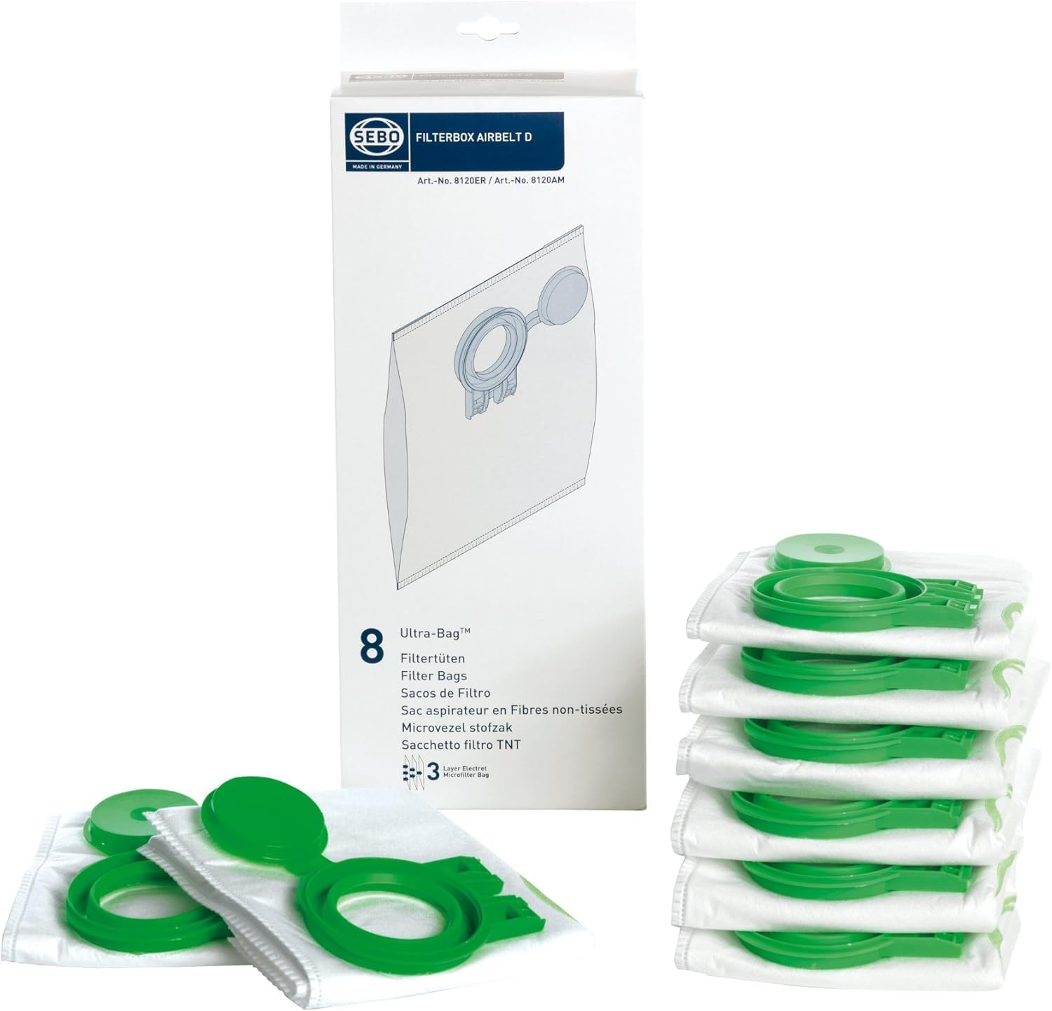 Sebo 8 Sacchetti Filtro Originali Per Aspirapolvere Airbelt Serie D1, D4 - Ricambio #8120AM, 8120ER - Premium