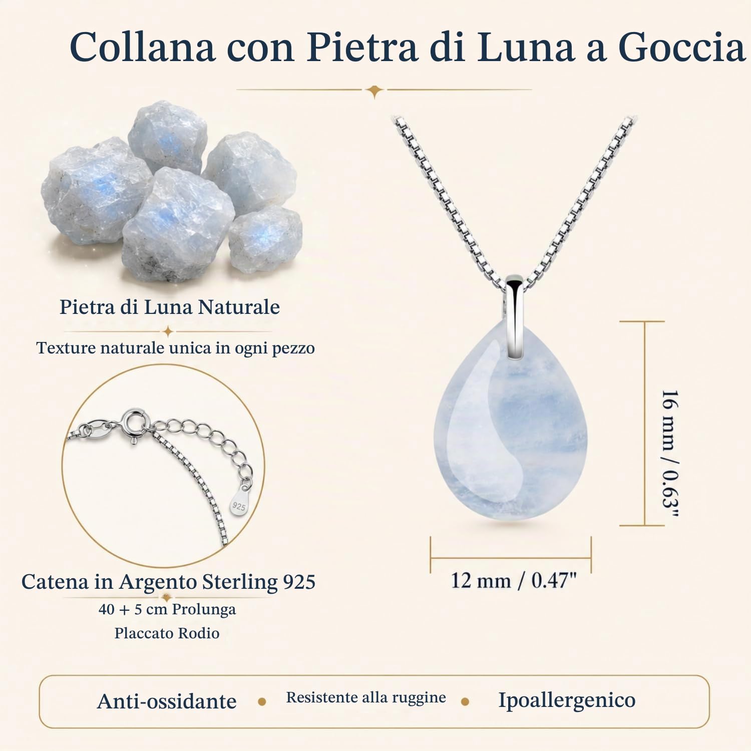 COAI Collana in Argento 925 e Pietre e Cristalli Naturali con Ciondolo di Pietra di Luna da Donna