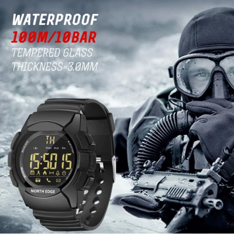 North Edge AK Smart Watch with 'WATERPROOF 100M/10BAR TEMPERED GLASS' text