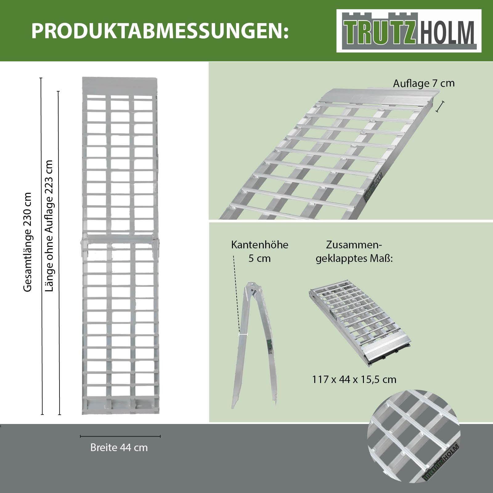 TRUTZHOLM 2 x Auffahrrampen 230 cm 1360 kg Traglast Alu klappbar grau Riffelstab Rampe Verladerampen