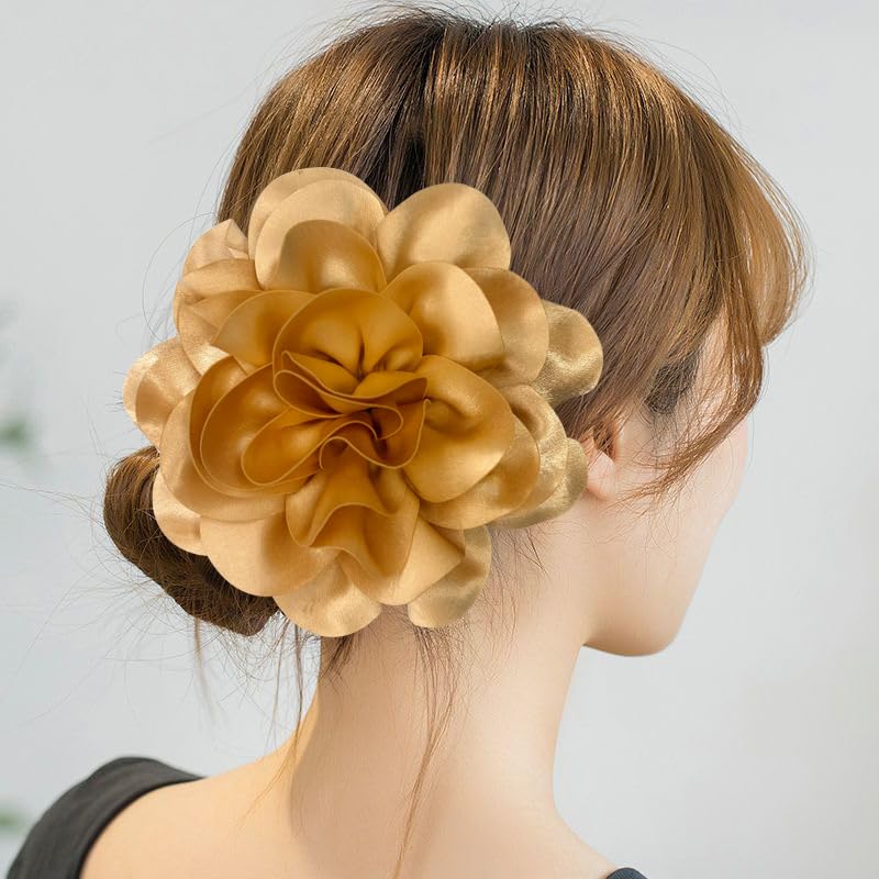 Image of Dainty Fabric Rose & Camellia Flower Oversized Brooch Pins & Hair Clip - Large Lapel Pin, 4.3in /7.5in