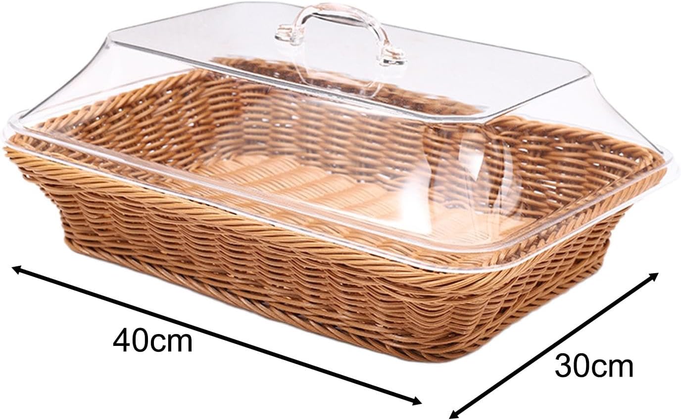 Fenteer Woven Bread Basket with Lid, Bread Serving Basket Food Storage Baskets Handwoven Fruit Basket, Imitation Rattan Woven Basket for Bakery Cafes Picnic Kitchen, Medium
