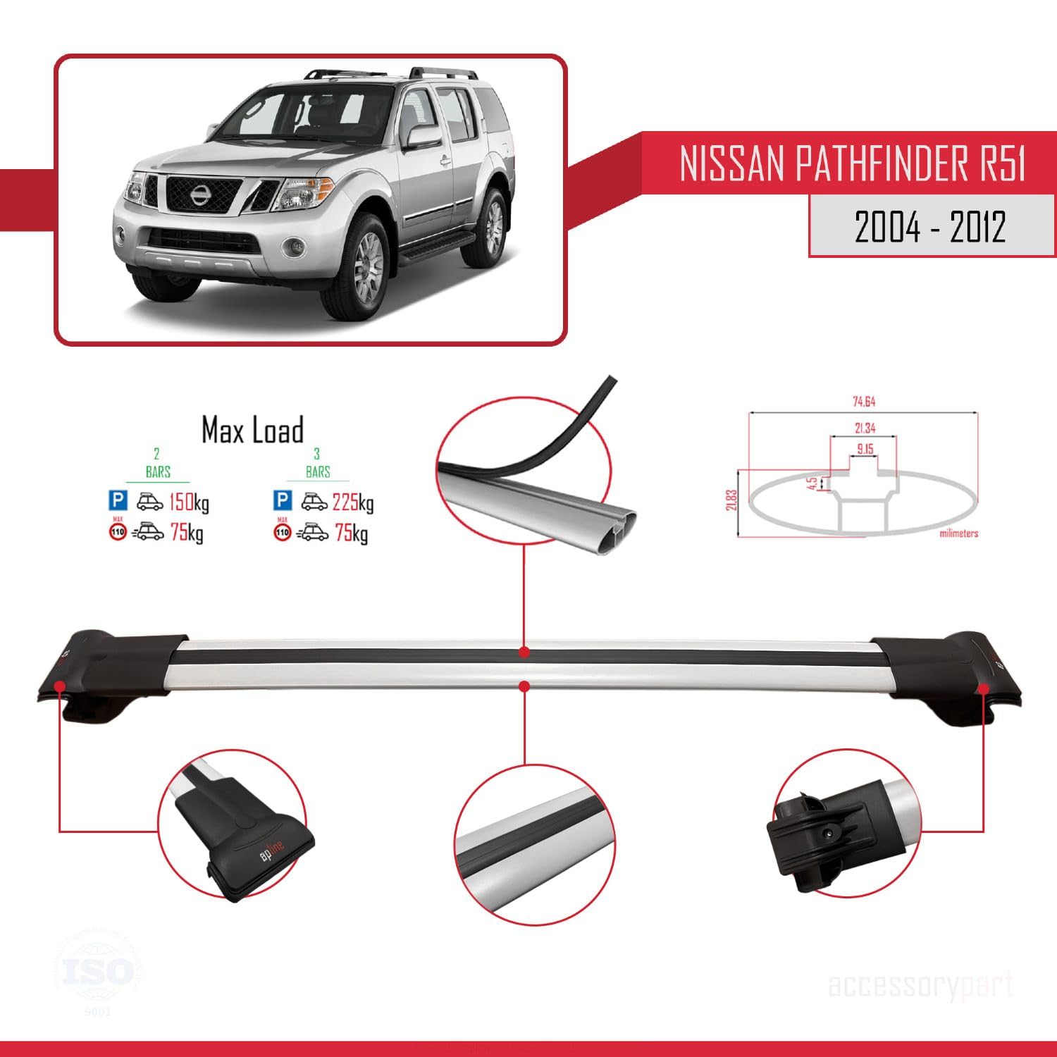 Compatible con Nissan Pathfinder 3 (R51) 2004-2012 Modelo Fly Barra de Techo Auto Portaequipajes Barras Transversales Gris Aluminio 3 Barras