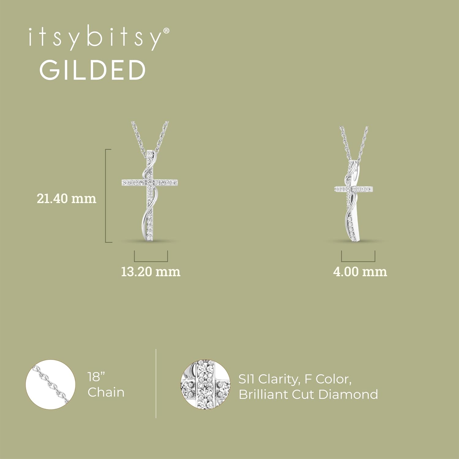 GILDED Itsy Bitsy Sterling Silver Twisted Cross Diamond Pendant Necklace, 1/6 CTTW, SI1 F-Color Lab Grown Diamonds, 18” Chain