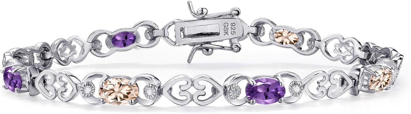 Gem Stone King 925 Sterling Silver Peach Morganite and Purple Amethyst and Lab Grown Diamond Bracelet For Women | 3.81 Cttw | Gemstone October Birthstone | Oval 6X4MM | Length 7.25 Inches